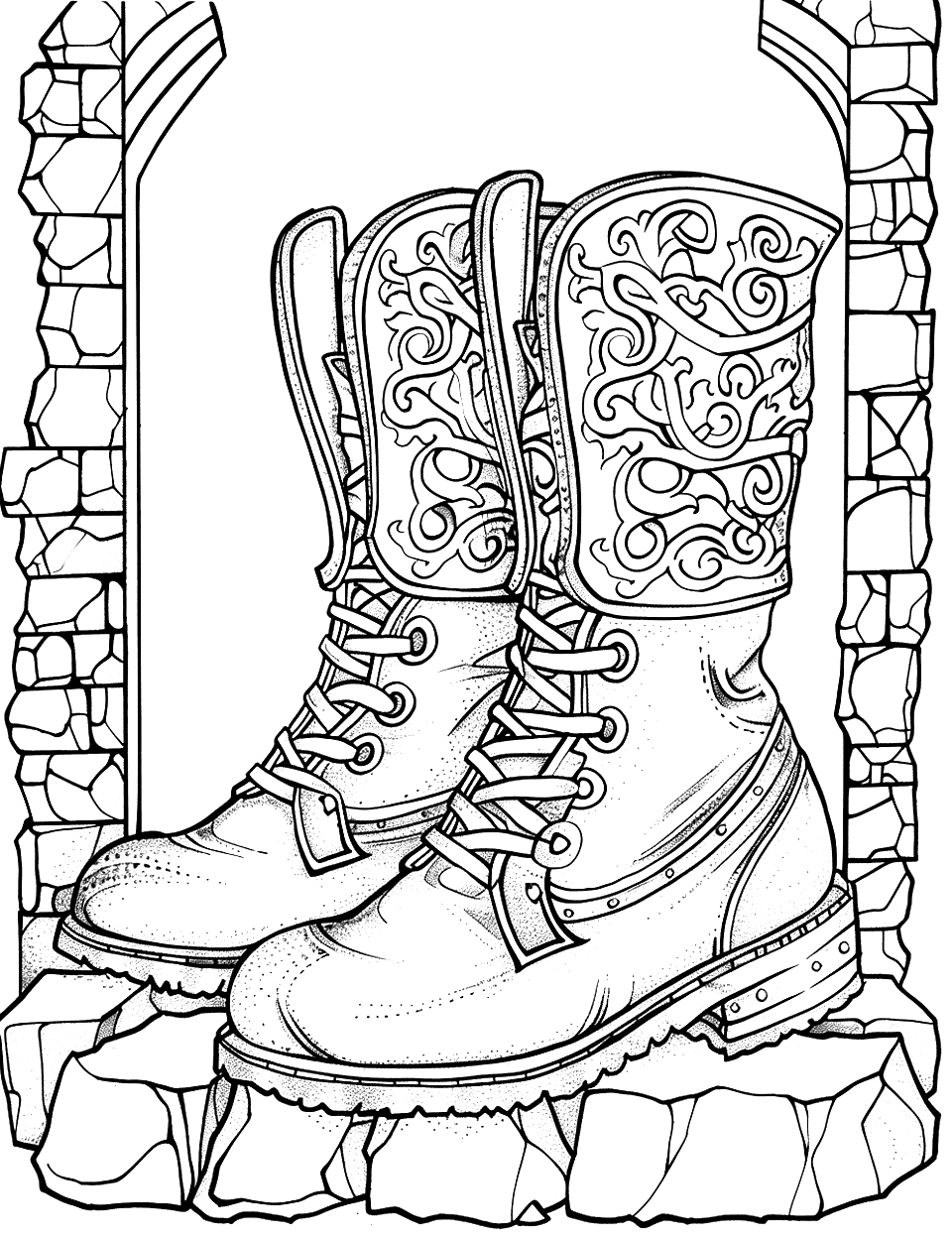 Legendary Knight's Boots Shoe Coloring Page - Heavy Legendary knight’s boots showcased against stone castle walls.