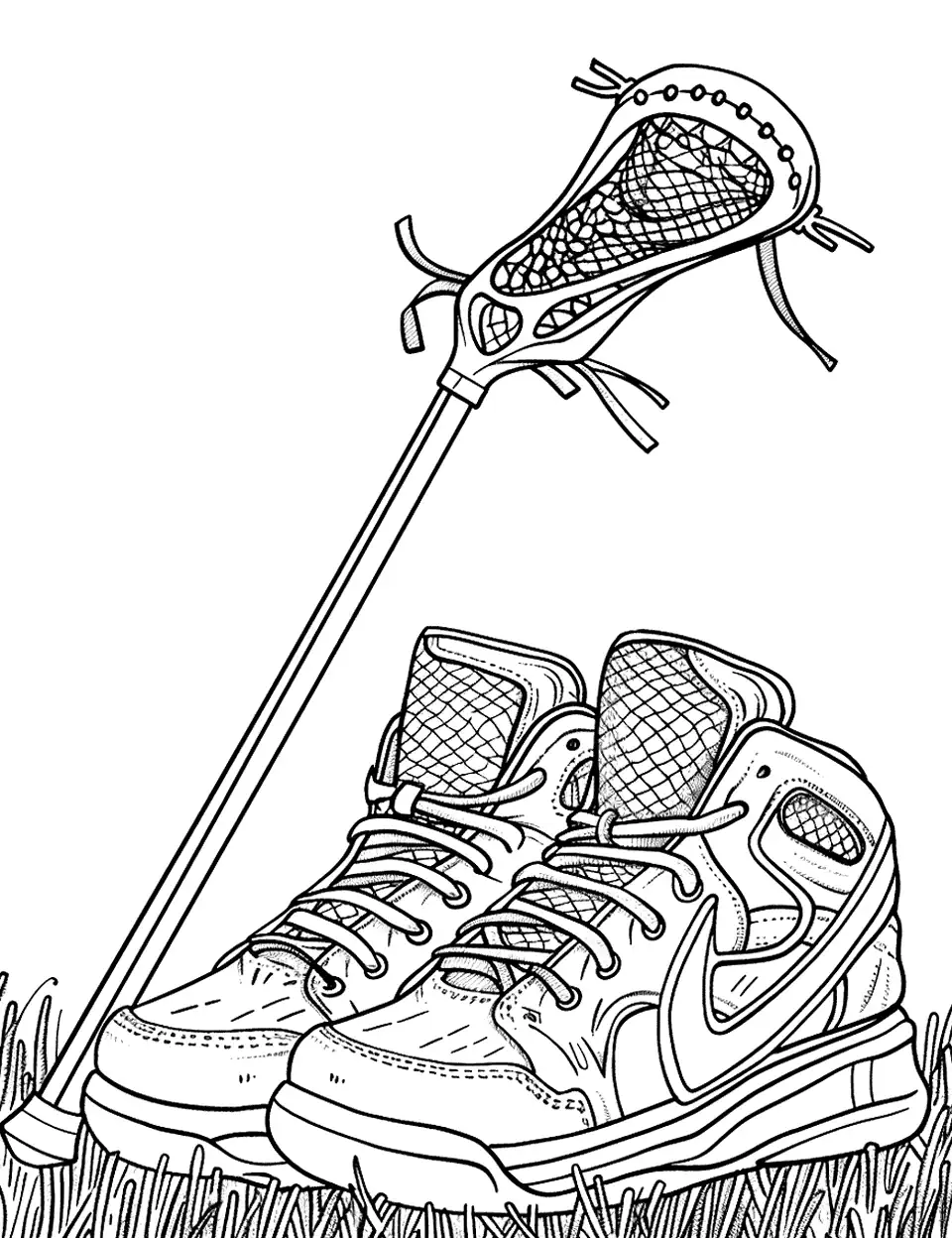 Lacrosse Shoes on the Field Shoe Coloring Page - Lacrosse shoes with a lacrosse stick on a grassy field.