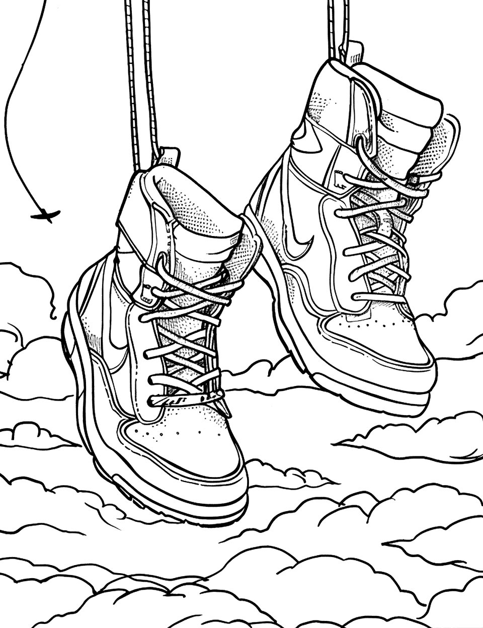 Parachute Boots in the Sky Shoe Coloring Page - Parachute boots dangling mid-air with clouds and distant birds flying around.