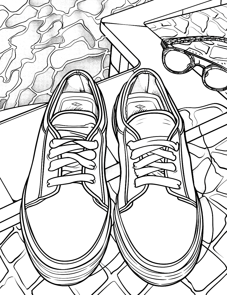 Shoes at the Pool Shoe Coloring Page - Shoes beside a pool with goggles on the deck.