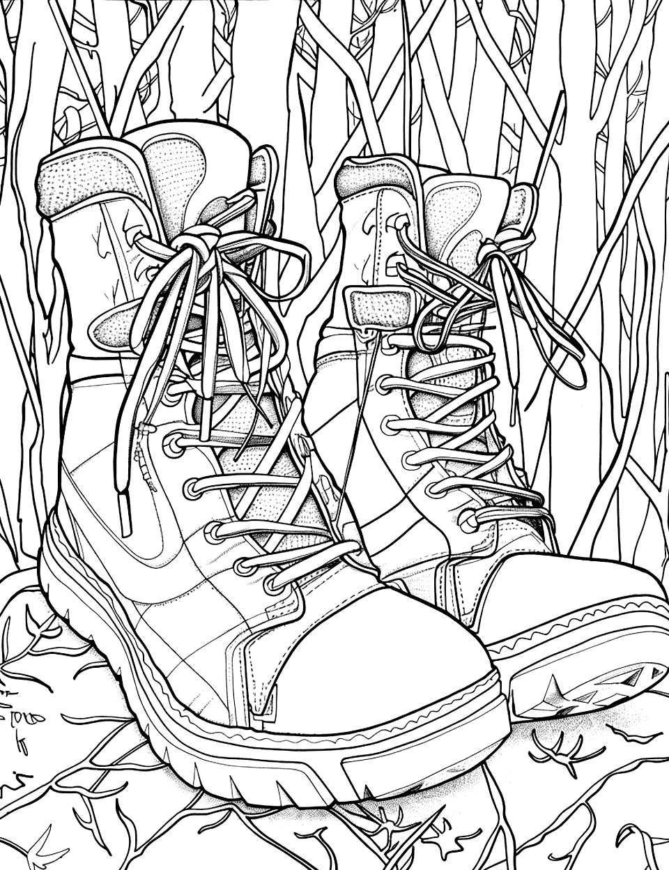 Boots in the Woods Shoe Coloring Page - Boots against a backdrop of dense trees in the woods.