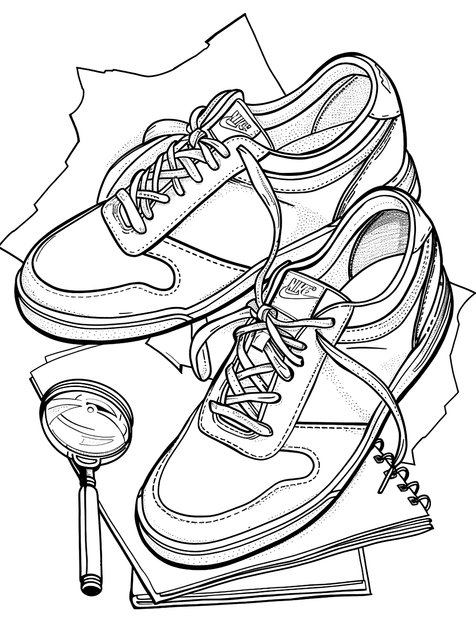 Detective Shoes at a Crime Scene Shoe Coloring Page - Sleuth-style shoes with a magnifying glass and a notebook.
