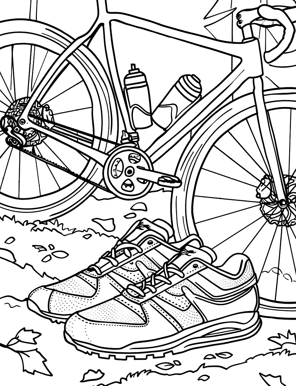 Cycling Shoes on the Trail Shoe Coloring Page - Cycling shoes with a bicycle and a water bottle in a forest trail setting.
