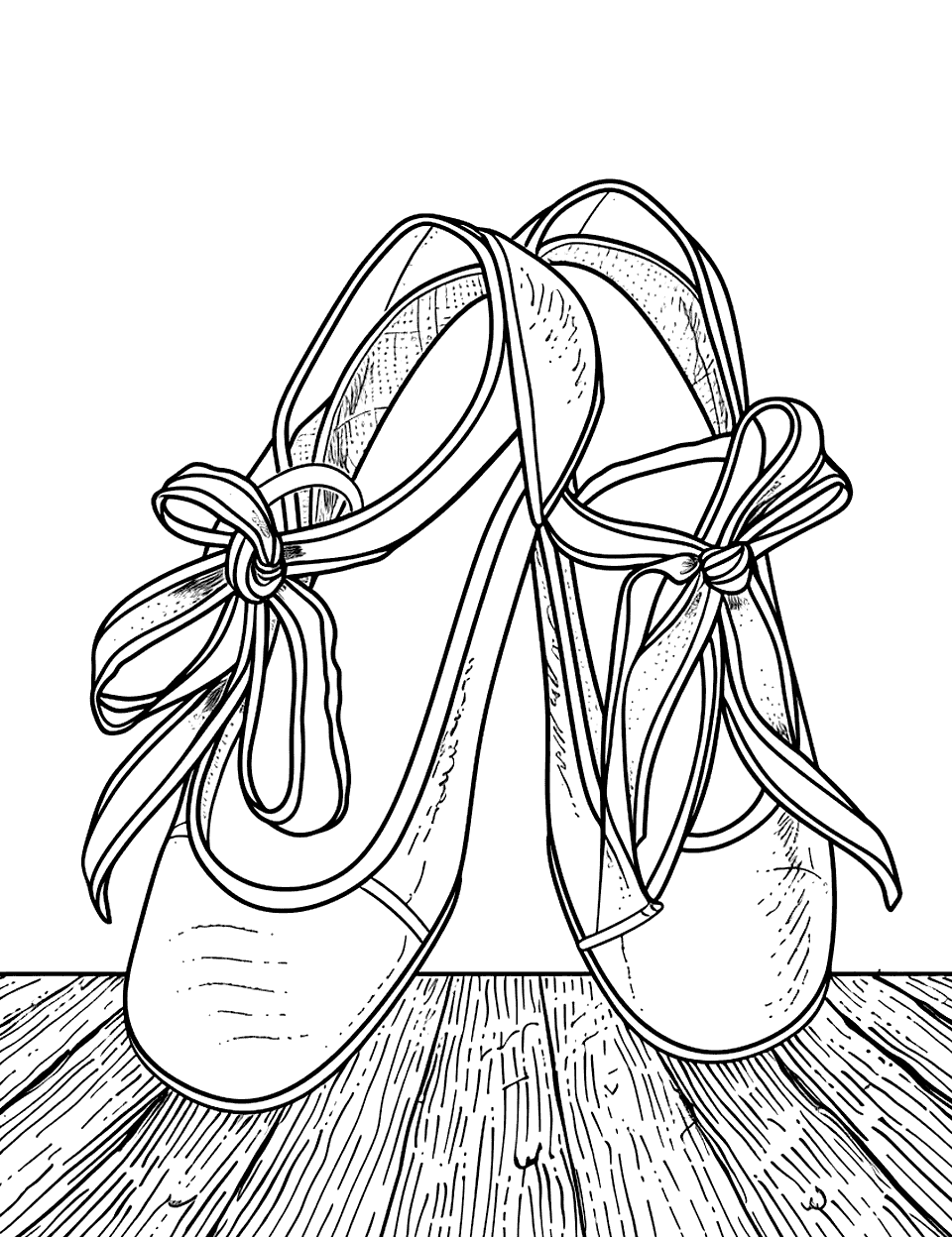Ballet Slippers Performance Shoe Coloring Page - A single pair of ballet slippers with ribbons unfurling against a simple wooden floor background.