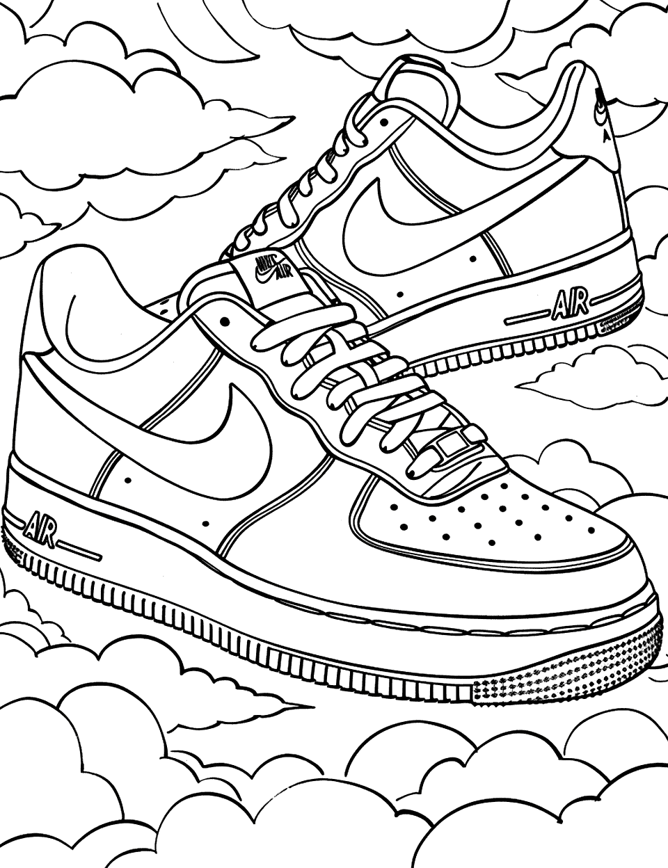 Nike Air Force Fun Shoe Coloring Page - Nike Air Force shoes with a backdrop of clouds to suggest high-flying fun.