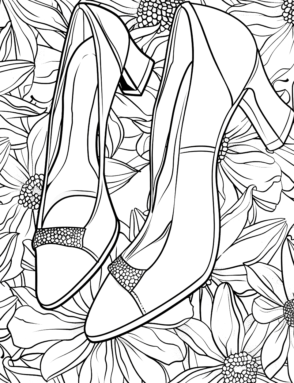 High Heels Flower Shoe Coloring Page - Elegant high-heeled shoes laid out in an elegant flower background.