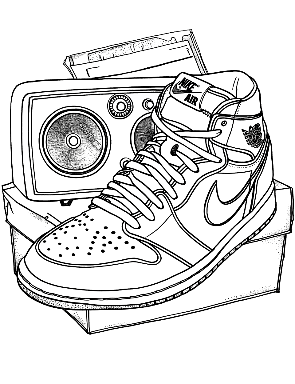 Air Jordan Retro Moment Shoe Coloring Page - Classic Air Jordan shoe with a vintage radio.