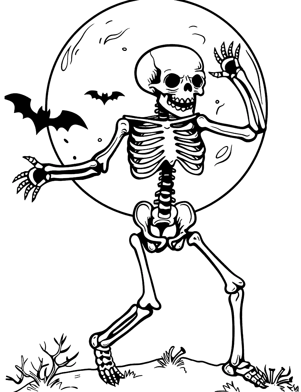 Halloween Night Dance Skeleton Coloring Page - A skeleton dancing under a full moon with bats flying in the background.