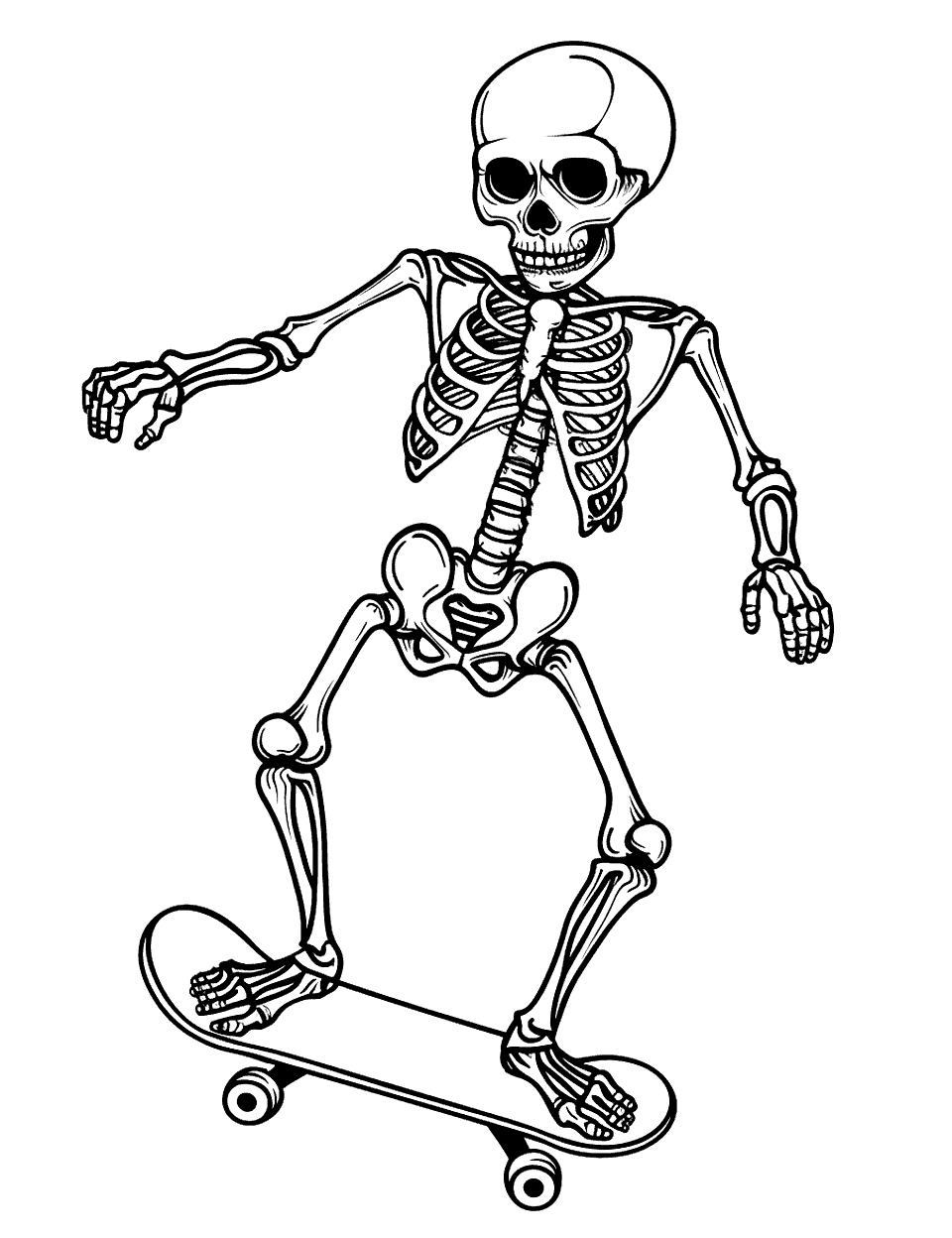 Cool Skateboarding Skeleton Coloring Page - A skeleton performing a trick on a skateboard.