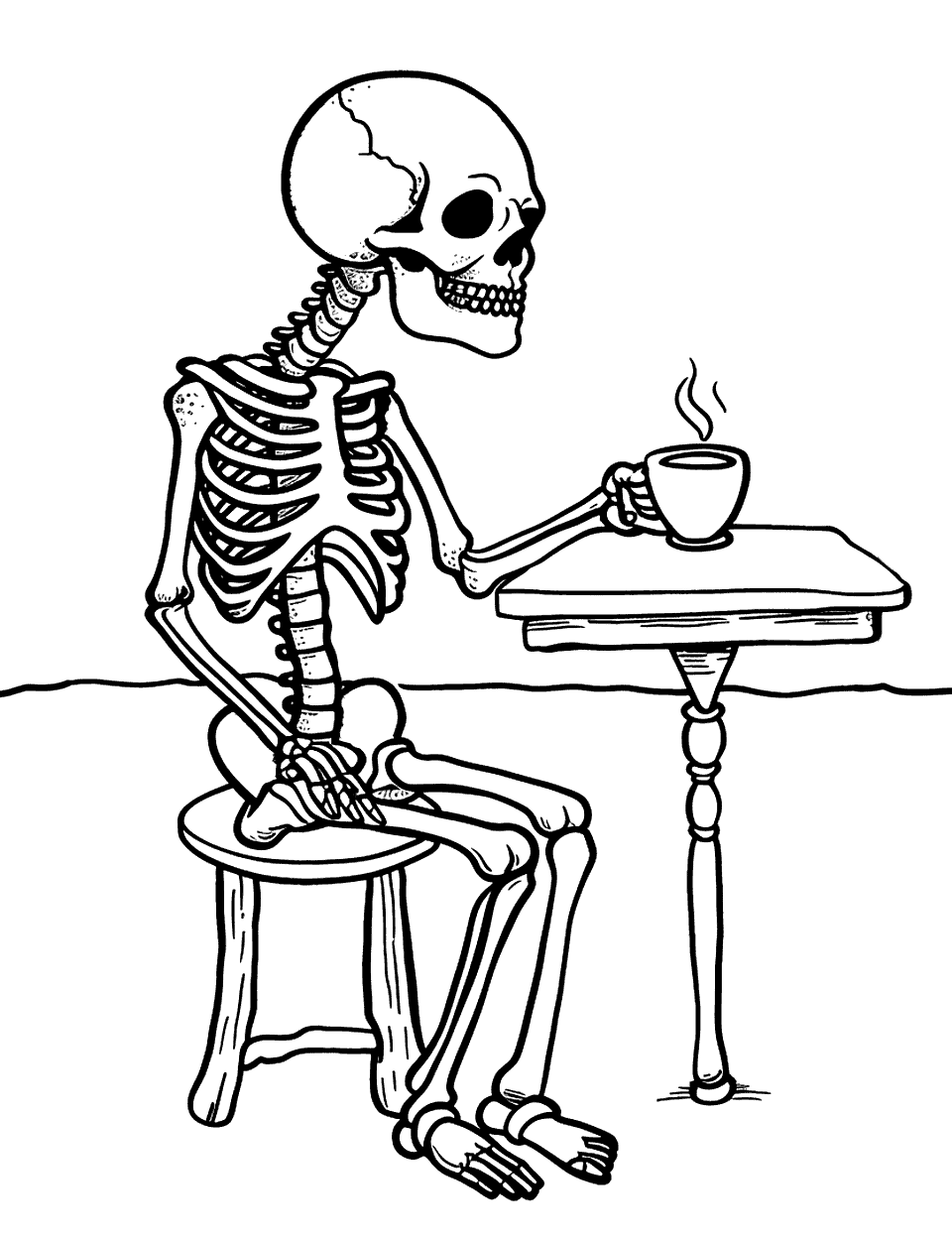 Cute Skeleton Having Tea Coloring Page - A cute skeleton sitting at a table, enjoying a cup of tea.