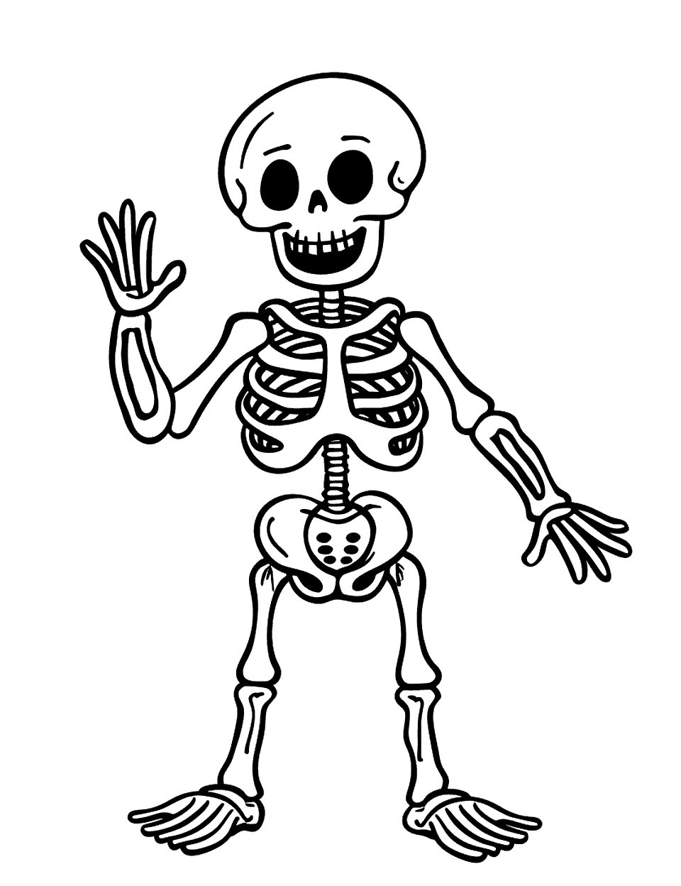 Simple Happy Skeleton Coloring Page - A simple, happy skeleton waving hello.