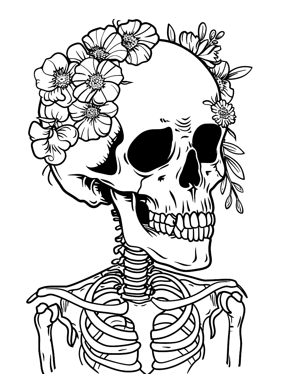 Aesthetic Floral Skull Skeleton Coloring Page - A skull with beautiful flowers growing around it, combining beauty with the macabre.