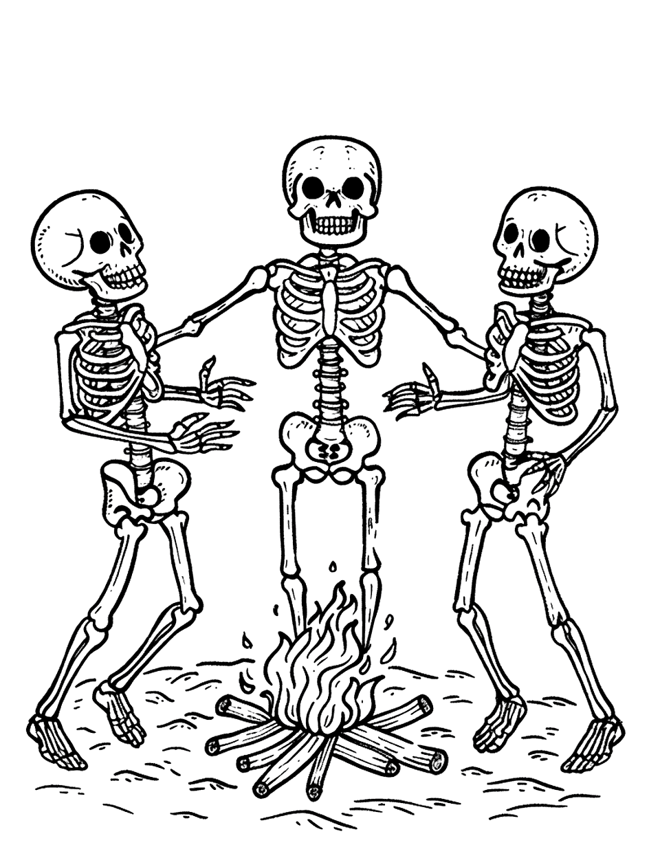 Dancing Skeletons Around a Bonfire Skeleton Coloring Page - A group of skeletons dancing around a bonfire at night.