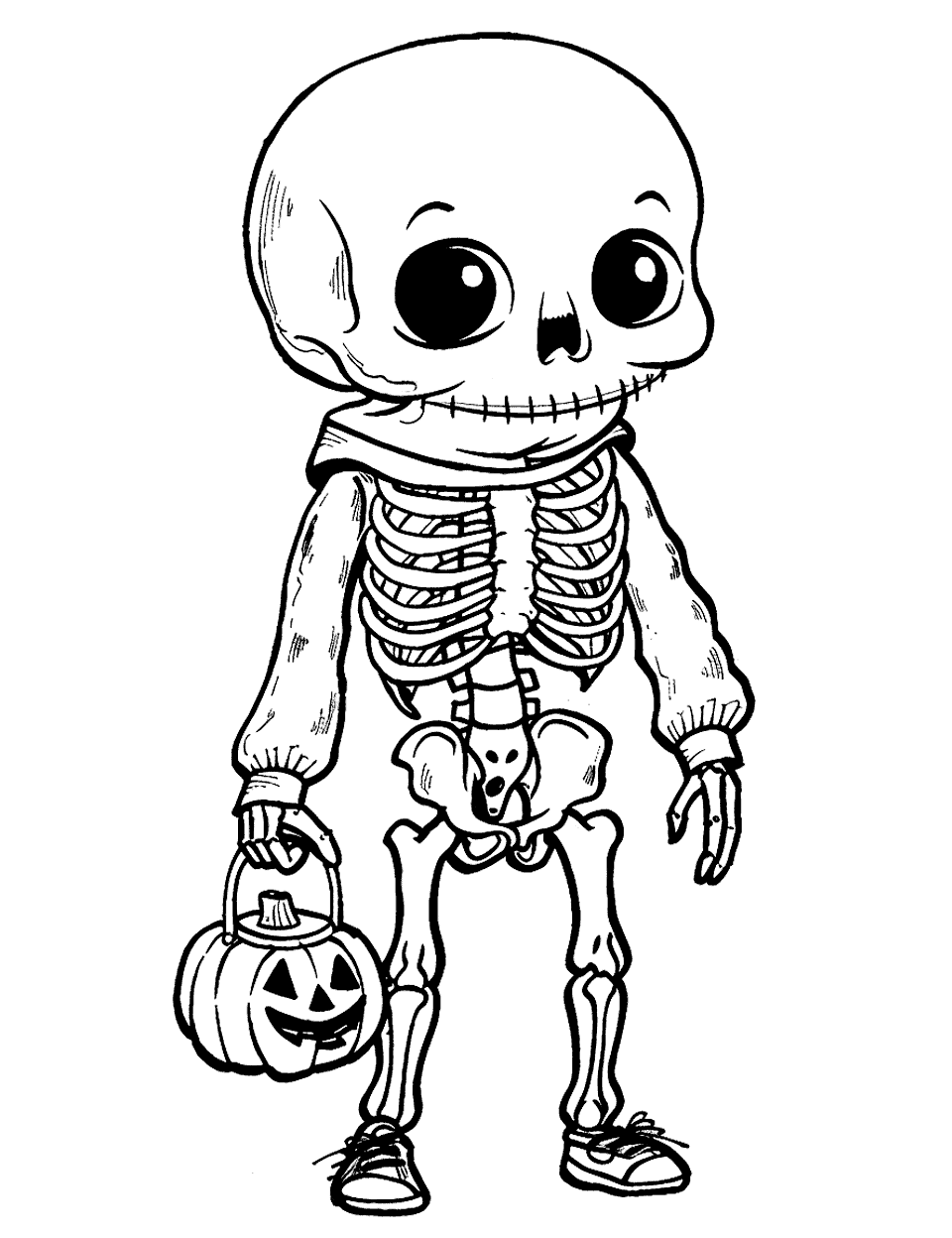 Skeleton Dressed for Halloween Coloring Page - A skeleton in costume trick-or-treating.