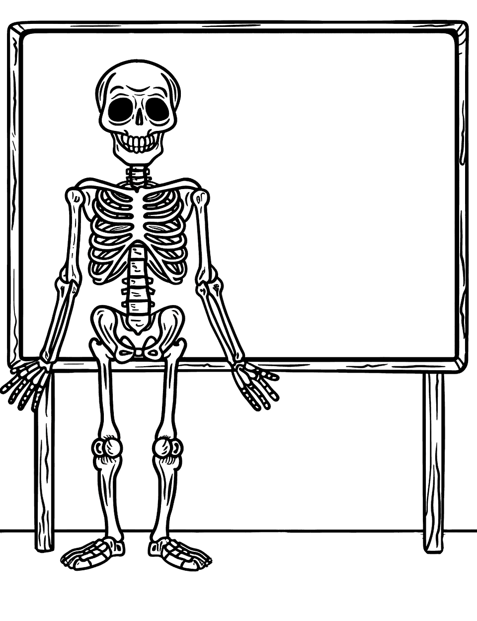 Medical Skeleton in a Classroom Coloring Page - A medical skeleton standing beside a chalkboard in an educational setting.