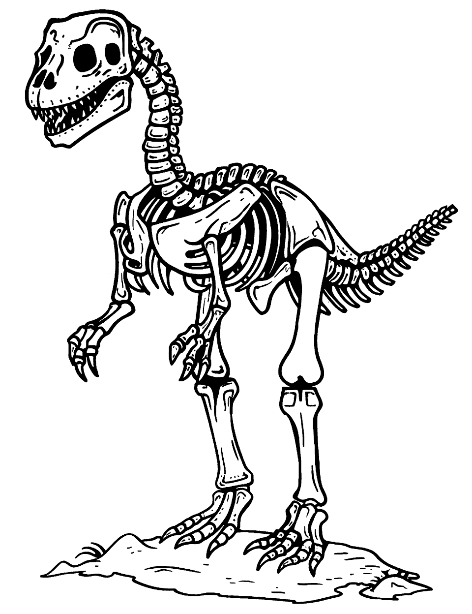 Friendly Dinosaur Skeleton Coloring Page - A smiling dinosaur skeleton standing in a museum.