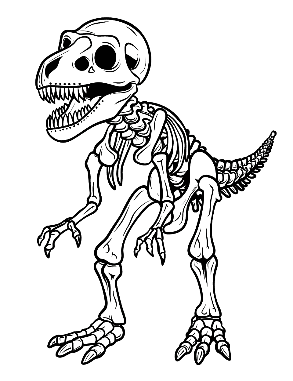 T-Rex Skeleton Roaring Coloring Page - A T-Rex dinosaur skeleton in a roaring pose, showing its fearsome teeth.