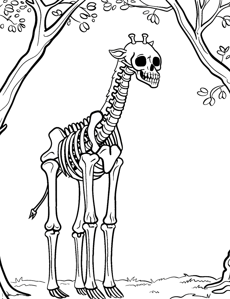 Giraffe Skeleton Looking Over Trees Coloring Page - A giraffe skeleton peering over trees, showcasing its long neck.