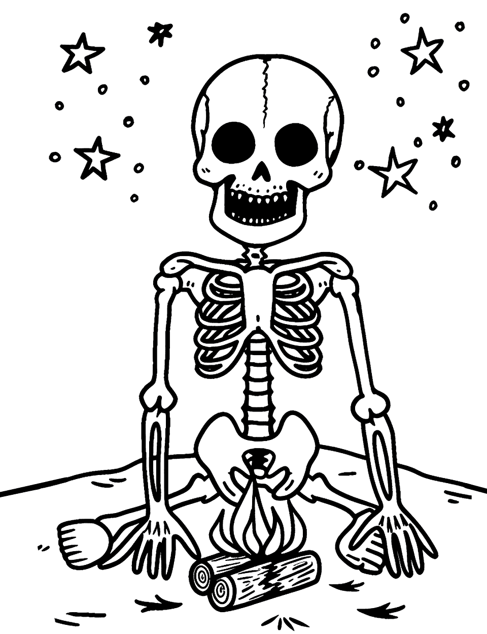 Skeleton Sitting by a Campfire Coloring Page - A skeleton warming its bones by a campfire under the stars.