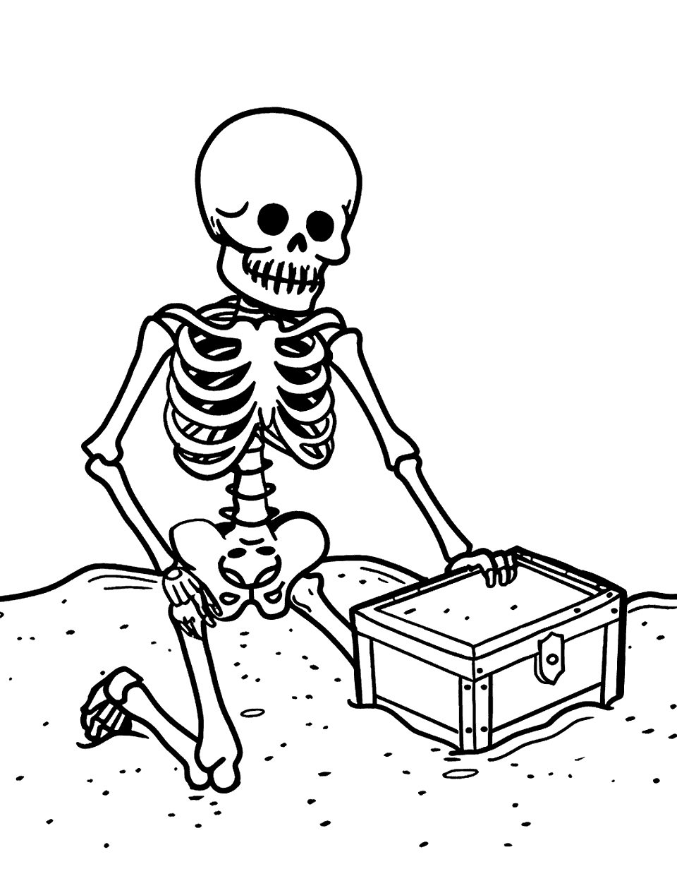 Skeleton Finding a Treasure Chest Coloring Page - A skeleton uncovering a treasure chest buried in sand.