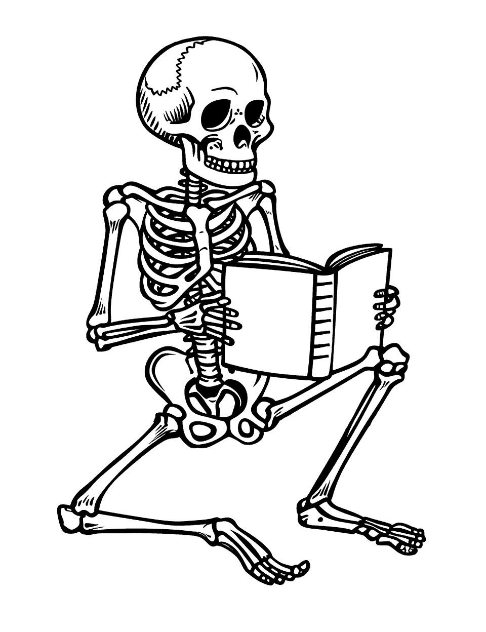 Skeleton Reading a Book Coloring Page - A skeleton engrossed in reading a thick book.