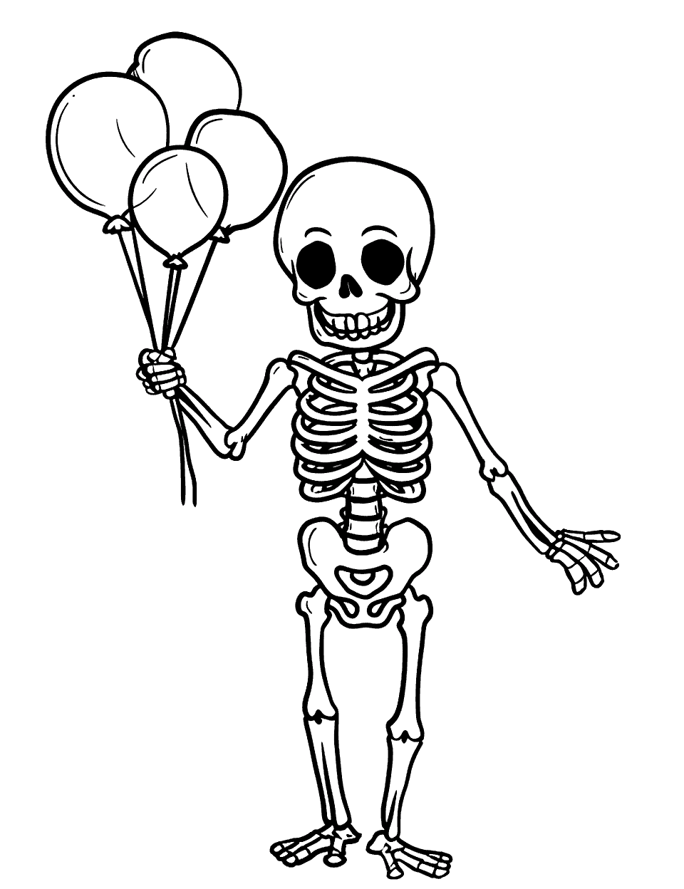 Happy Skeleton with Balloons Coloring Page - A happy skeleton holding a bunch of balloons.
