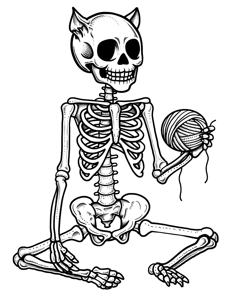 Cute Cat Skeleton Coloring Page - A playful cat like skeleton with a ball of yarn.