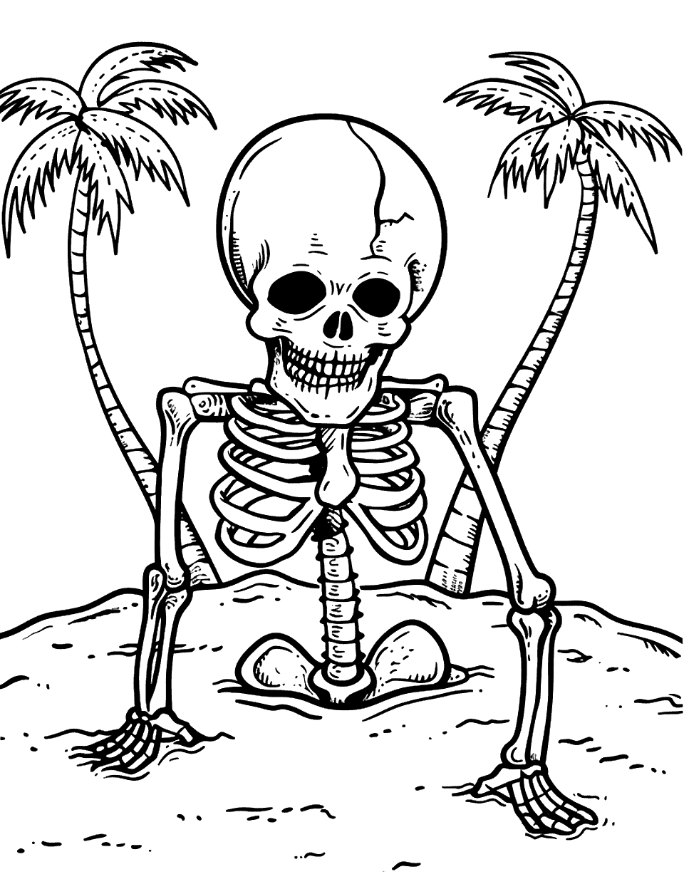 Pirate Skeleton on an Island Coloring Page - A pirate skeleton buried in the sand on a deserted island with palm trees.