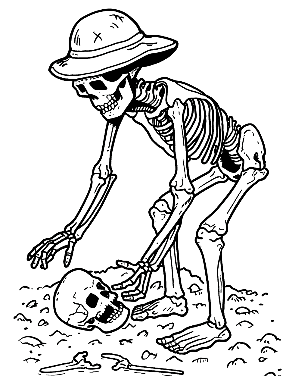 Archaeologist Skeleton at Work Coloring Page - An archaeologist skeleton carefully uncovering another skeleton buried in the earth.