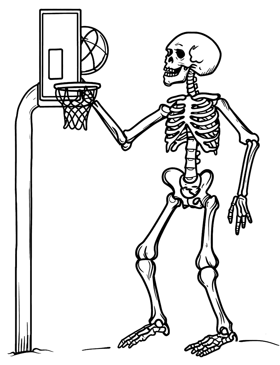 Skeleton Playing Basketball Coloring Page - A skeleton shooting a basketball into a hoop, showing movement and fun.