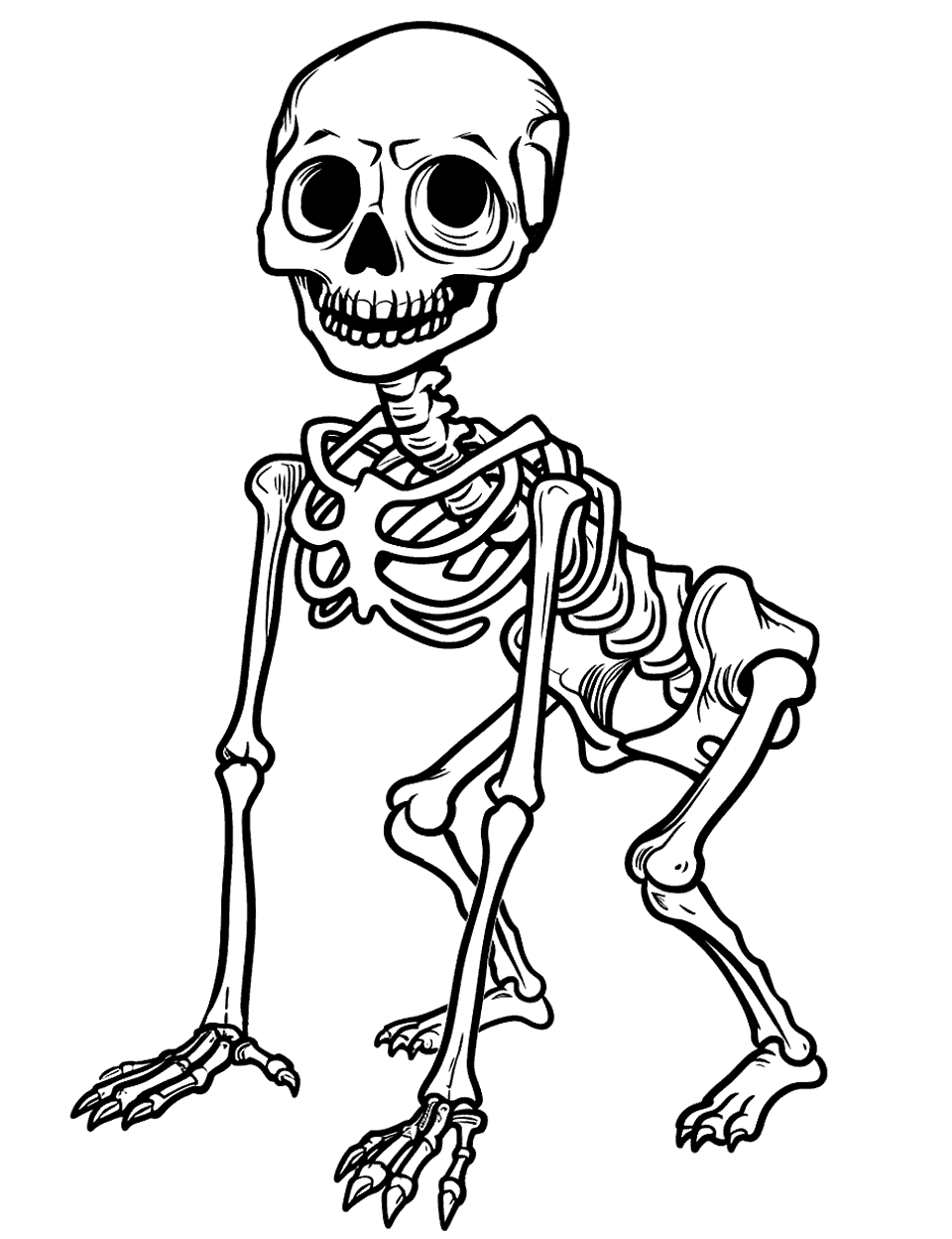 Happy Dog Skeleton Coloring Page - A happy skeleton bending its knees to touch the ground.