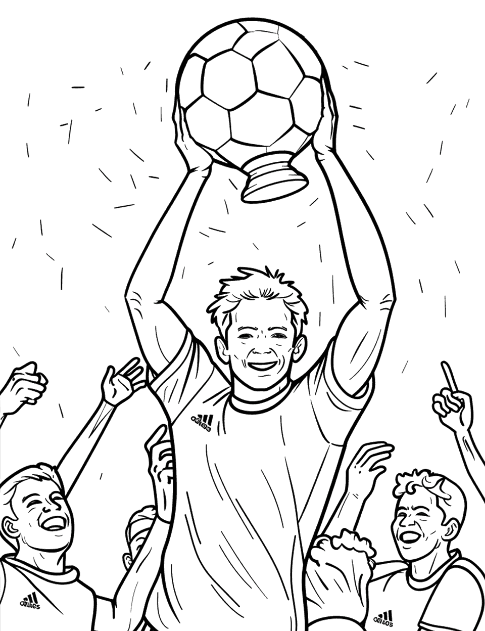 World Cup Celebration Soccer Coloring Page - A soccer player holding the World Cup trophy above his head with teammates cheering around him.