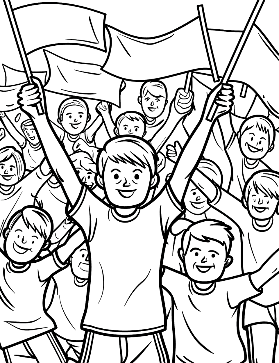 Soccer Celebration Coloring Page - Fans in the stands celebrating a win with banners and flags after a match.