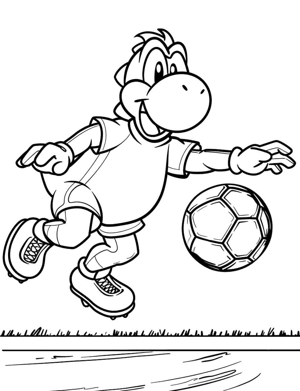 Yoshi and Soccer Coloring Page - Yoshi from the Mario series kicking a soccer ball.