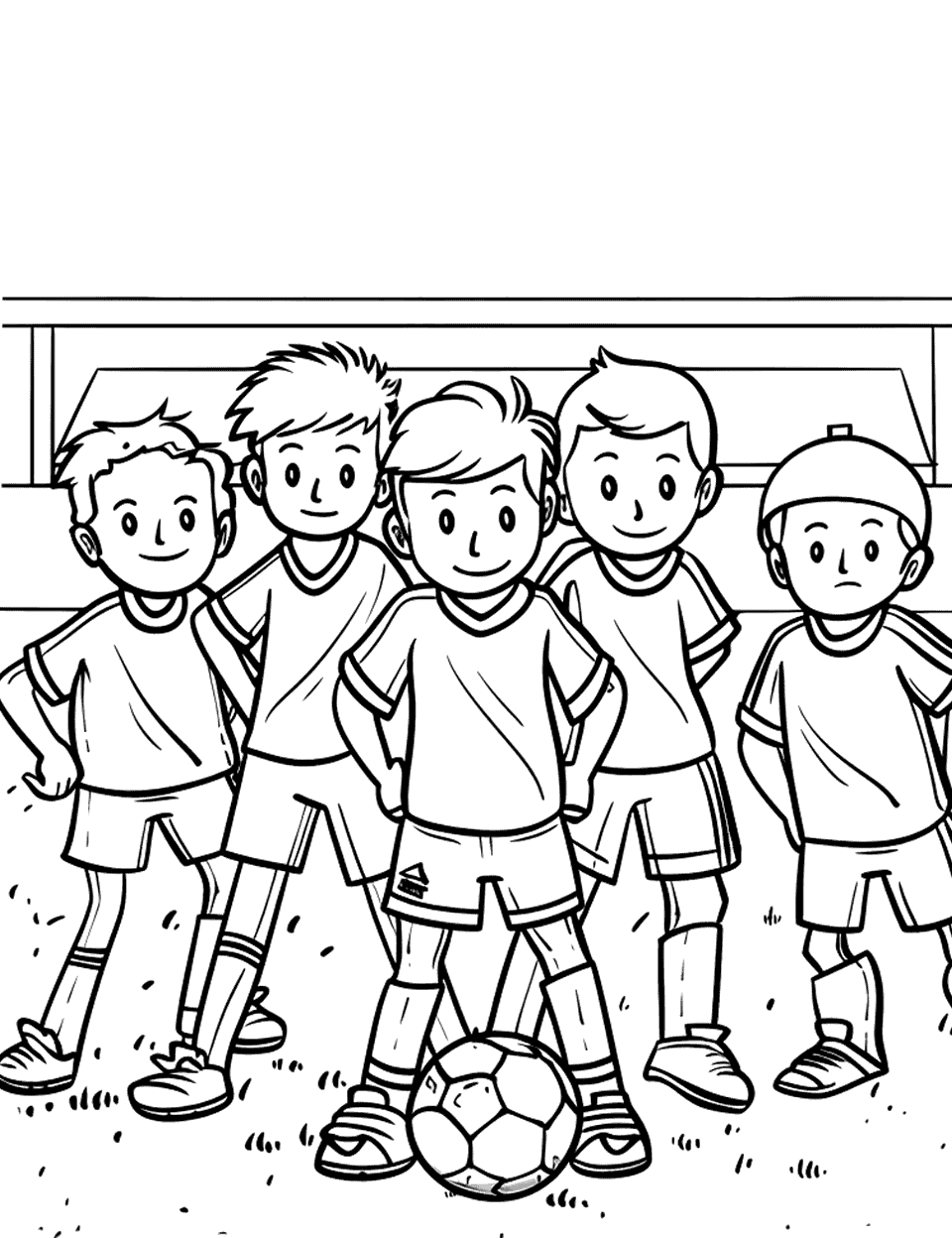 Team Photo Soccer Coloring Page - The team posing for a team photo on the field with the stadium in the background.