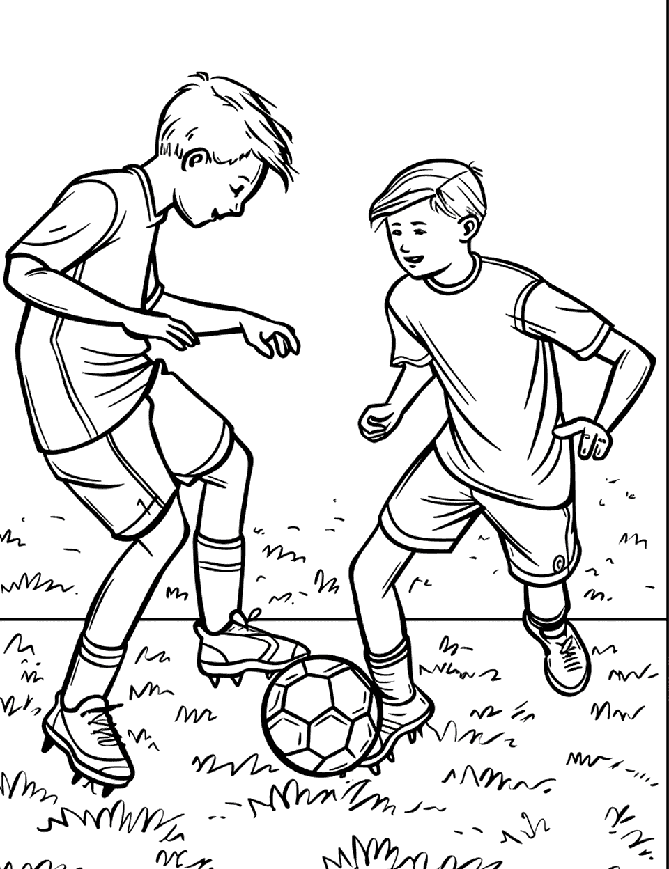 Children Playing Soccer in the Park Coloring Page - Kids playing a casual game of soccer in the park.