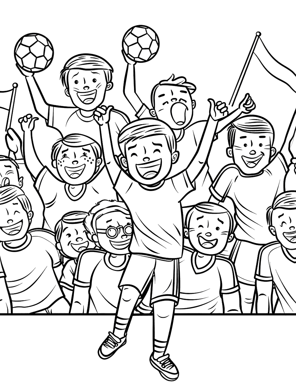 Excited Soccer Crowd Coloring Page - A crowd of soccer fans cheering loudly from the stands, some waving flags.