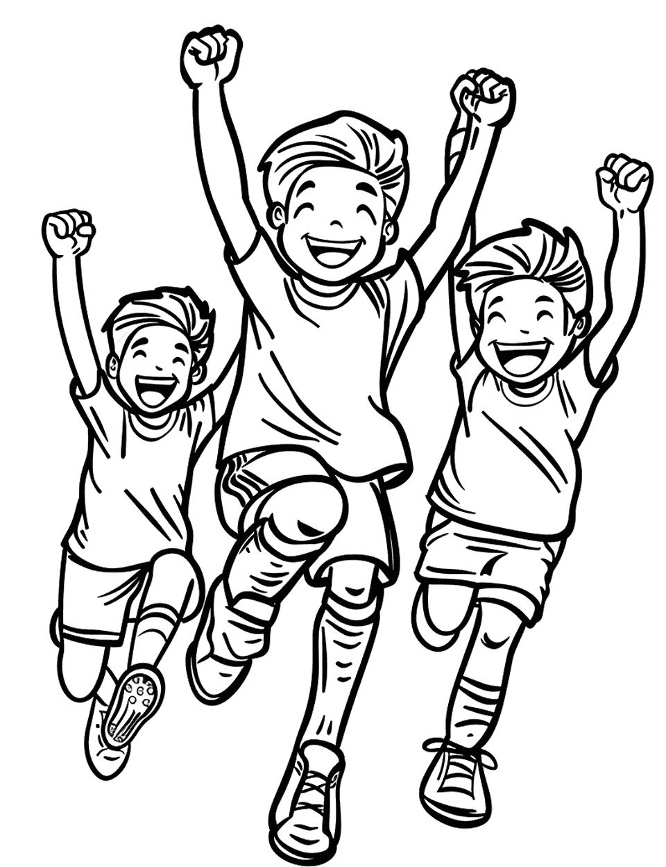 Goal Celebration with Teammates Soccer Coloring Page - A player celebrating a goal with teammates, jumping and pumping fists in the air.