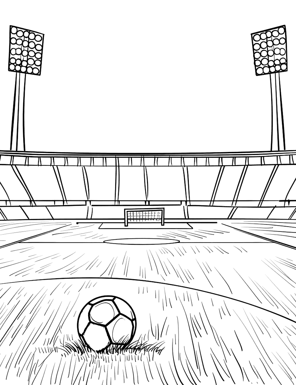 Stadium Lights at Night Soccer Coloring Page - A soccer stadium lit up at night, empty and majestic, waiting for the next day’s game.