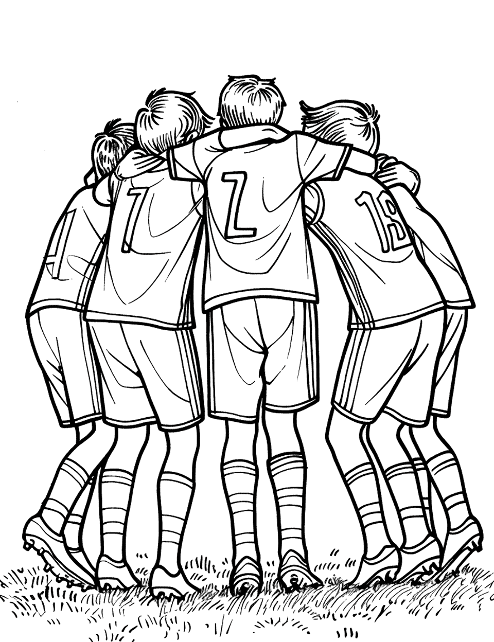 Team Huddle Soccer Coloring Page - The team huddled on the field, ready to start the game.