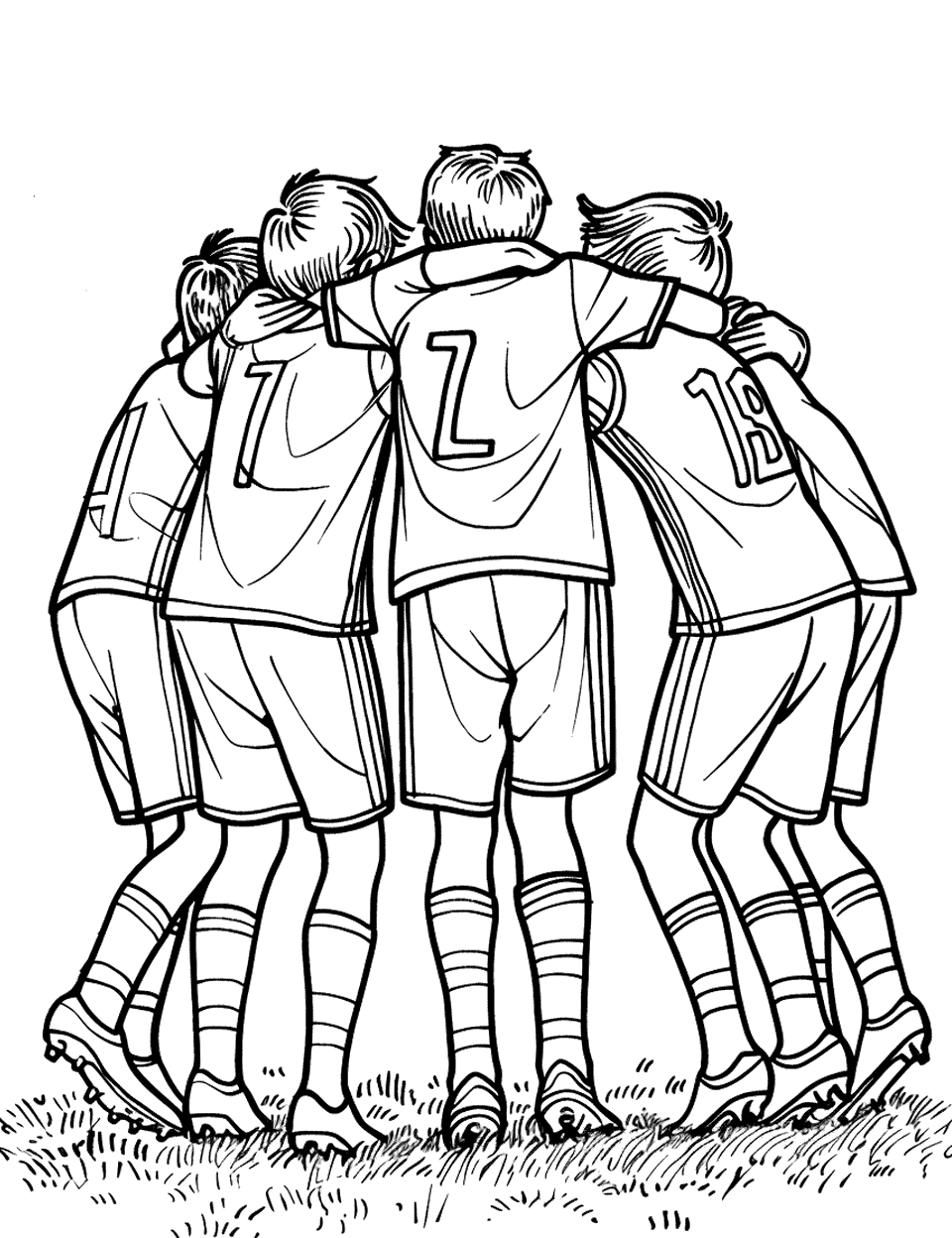 Team Huddle Soccer Coloring Page - The team in a huddle on the field, ready to start the game.