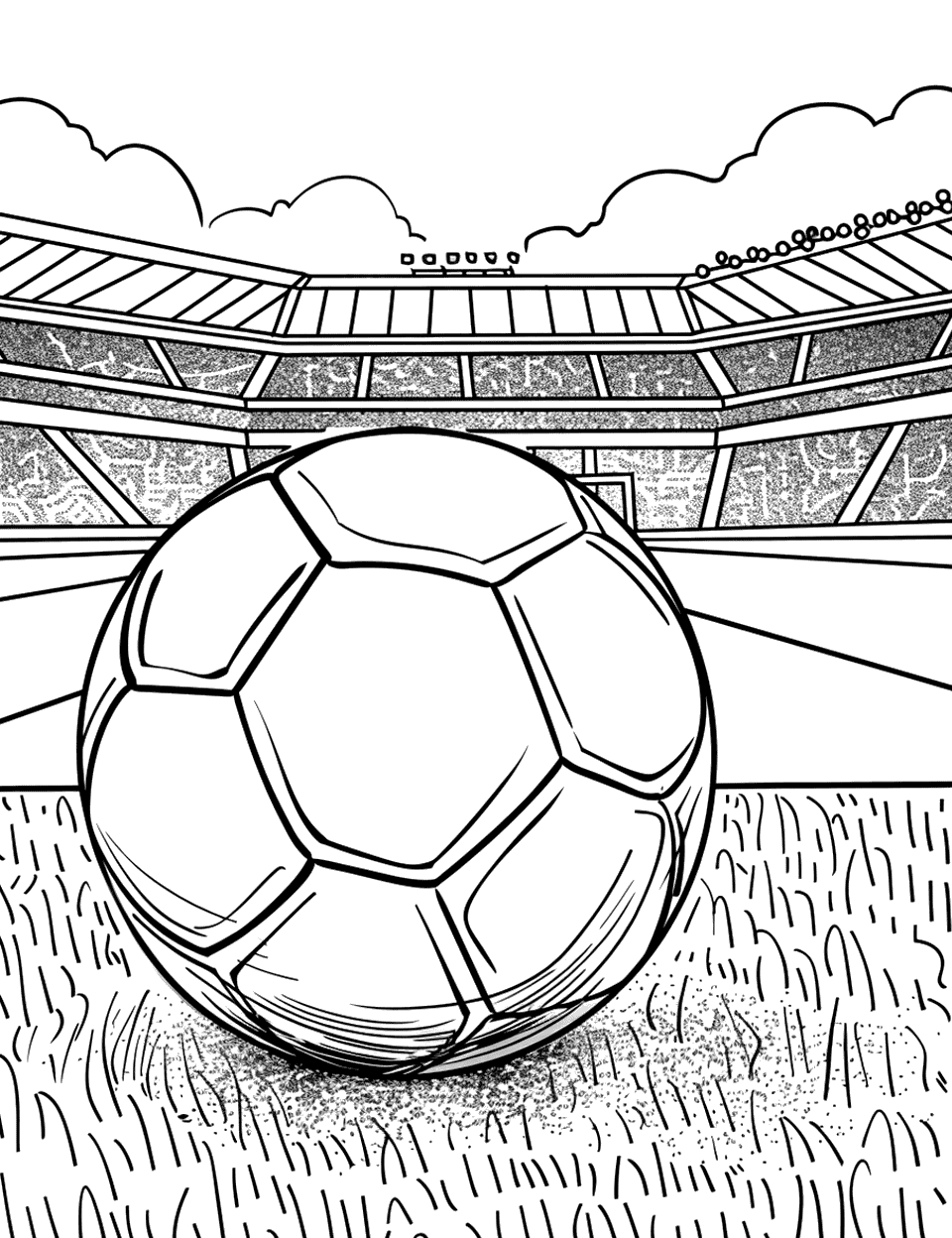 Soccer Ball on the Field Coloring Page - A close-up of a soccer ball on the field, with the stadium in the background.