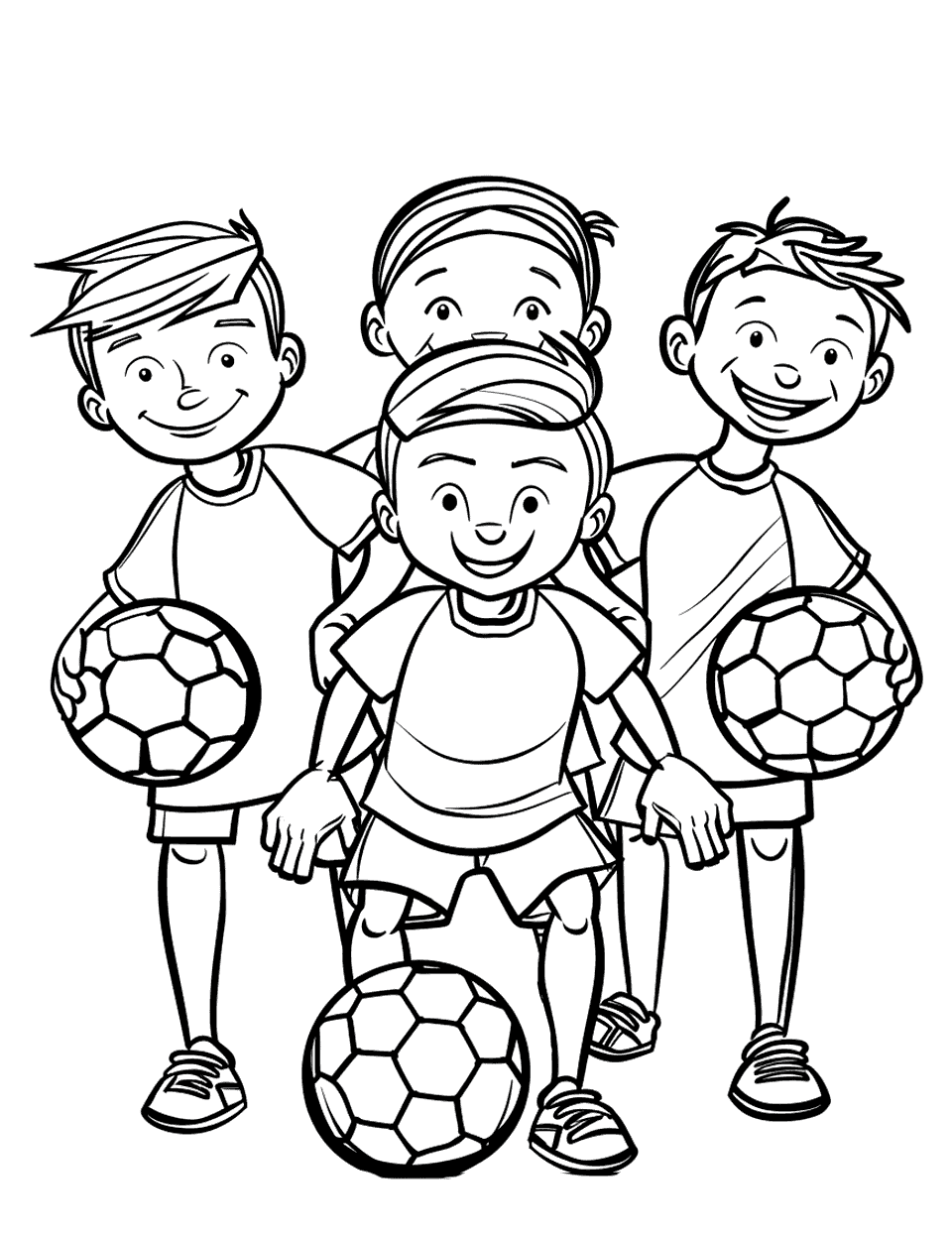 Kids Soccer Team Photo Coloring Page - A kids’ soccer team posing for a team photo, smiling and holding their soccer balls.