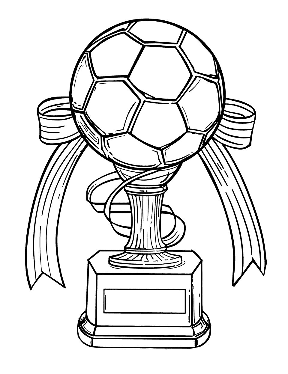 Soccer Trophy Display Coloring Page - A shiny soccer trophy displayed with ribbons around it.