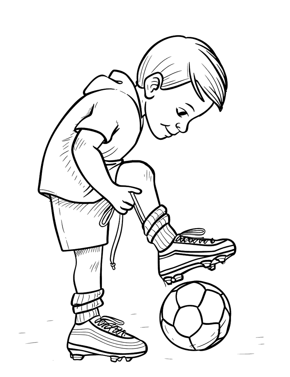First Soccer Game Coloring Page - A child lacing up their soccer cleats, excited for their first soccer game.