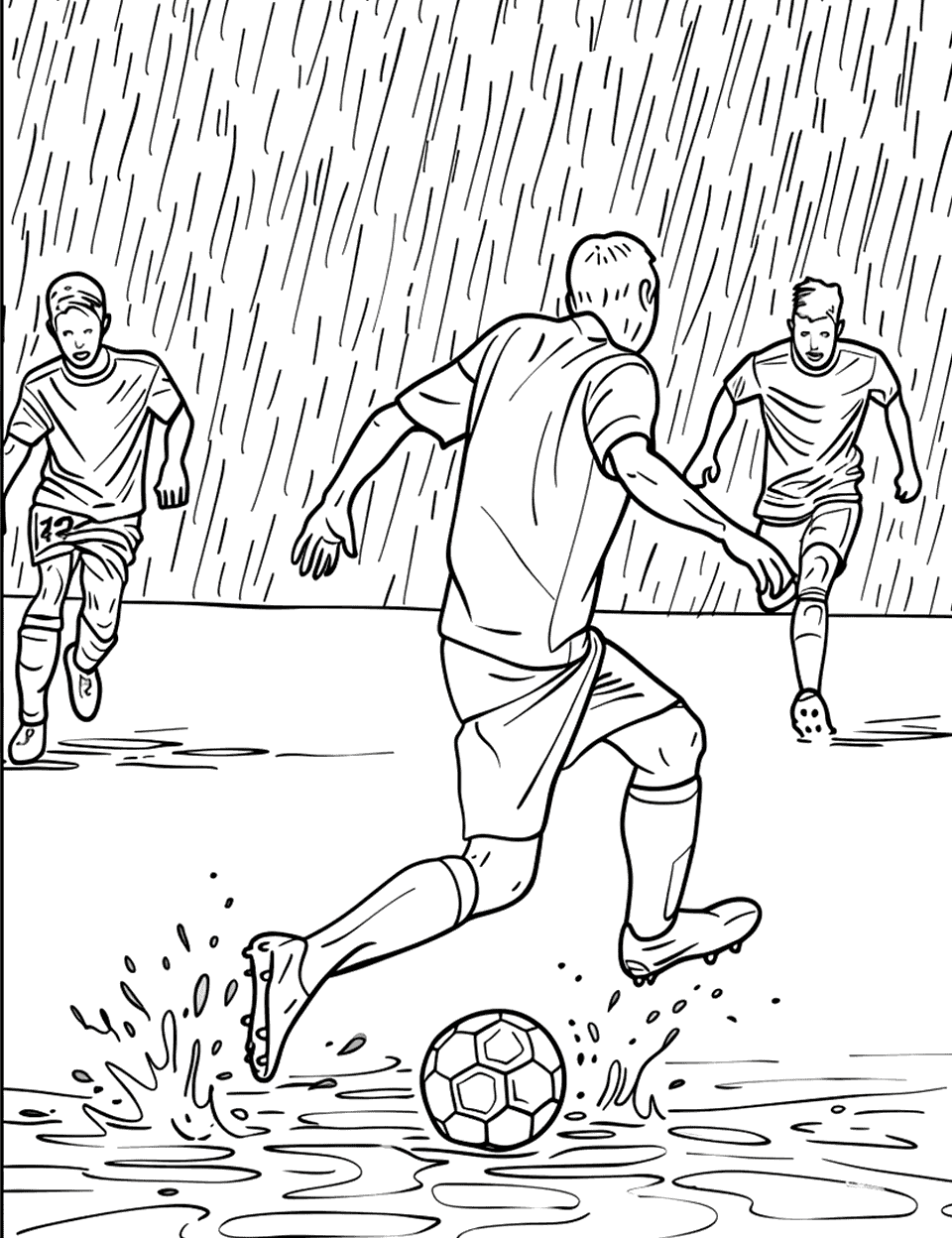 Rainy Day Soccer Match Coloring Page - Players competing in a soccer match while rain pours down, splashing in puddles.