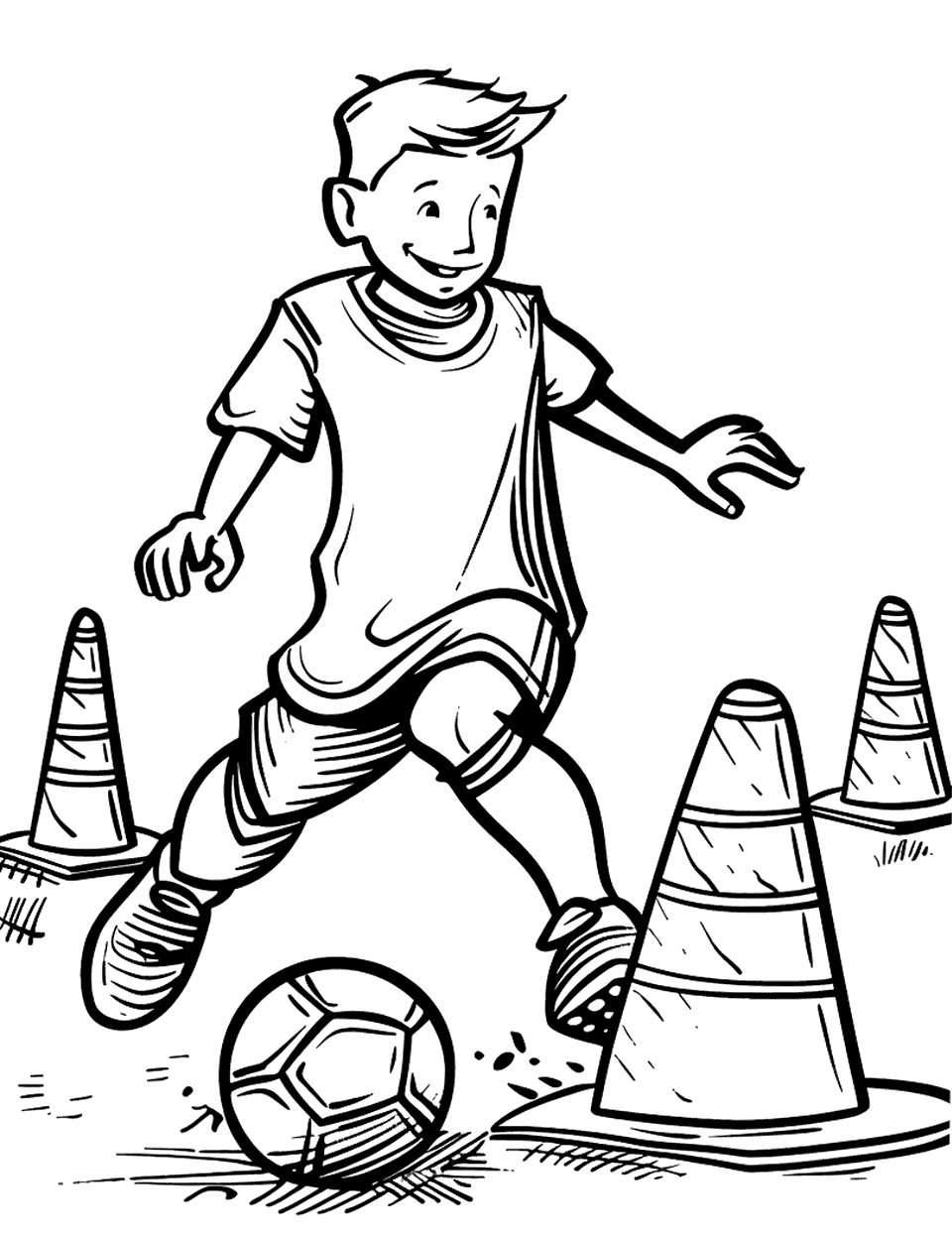 Soccer Skills Challenge Coloring Page - Kids participating in a soccer skills challenge, navigating through cones with the ball.
