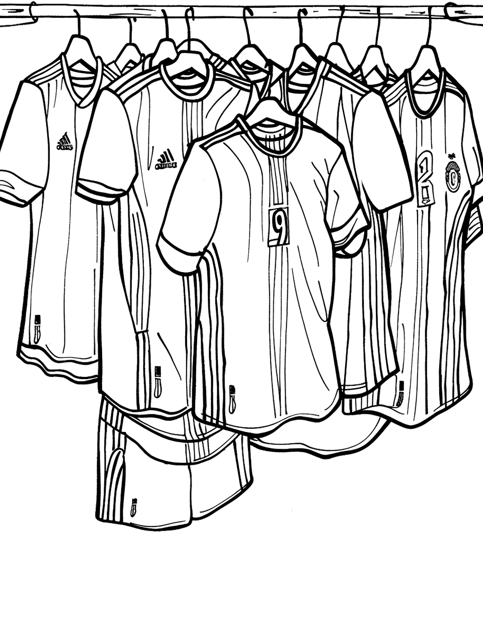 Soccer Jersey Collection Coloring Page - A wall displaying a collection of soccer jerseys.
