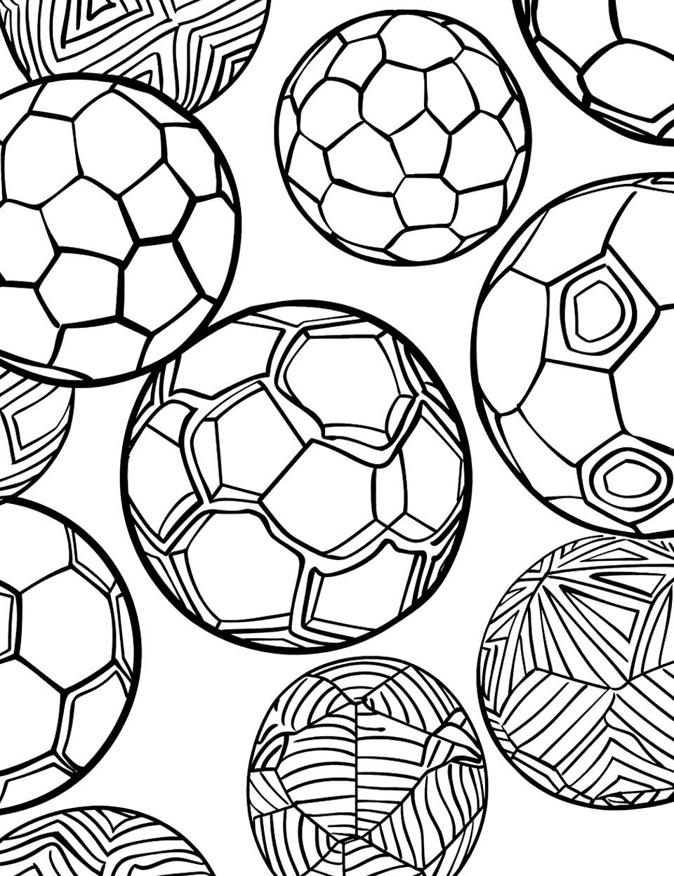Soccer Ball Pattern Coloring Page - A page with overlapping soccer balls with different patterns.
