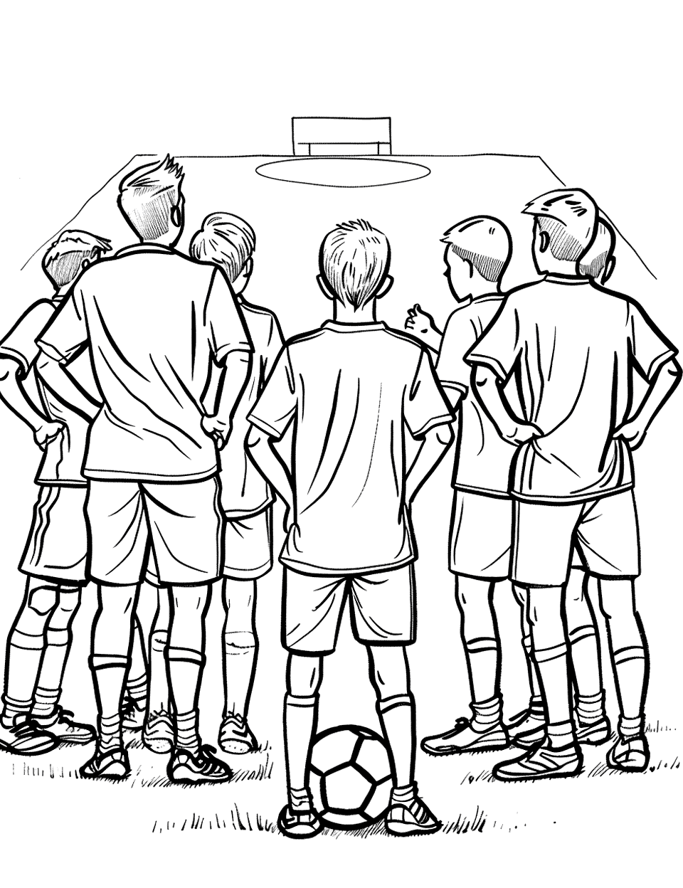 Team Strategy Meeting Soccer Coloring Page - A soccer team gathered discussing strategy with a field diagram.